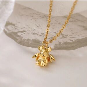18K Gold Batman Theme Teddy Bear Bat Necklace Punk Streetwear No Fade Unisex